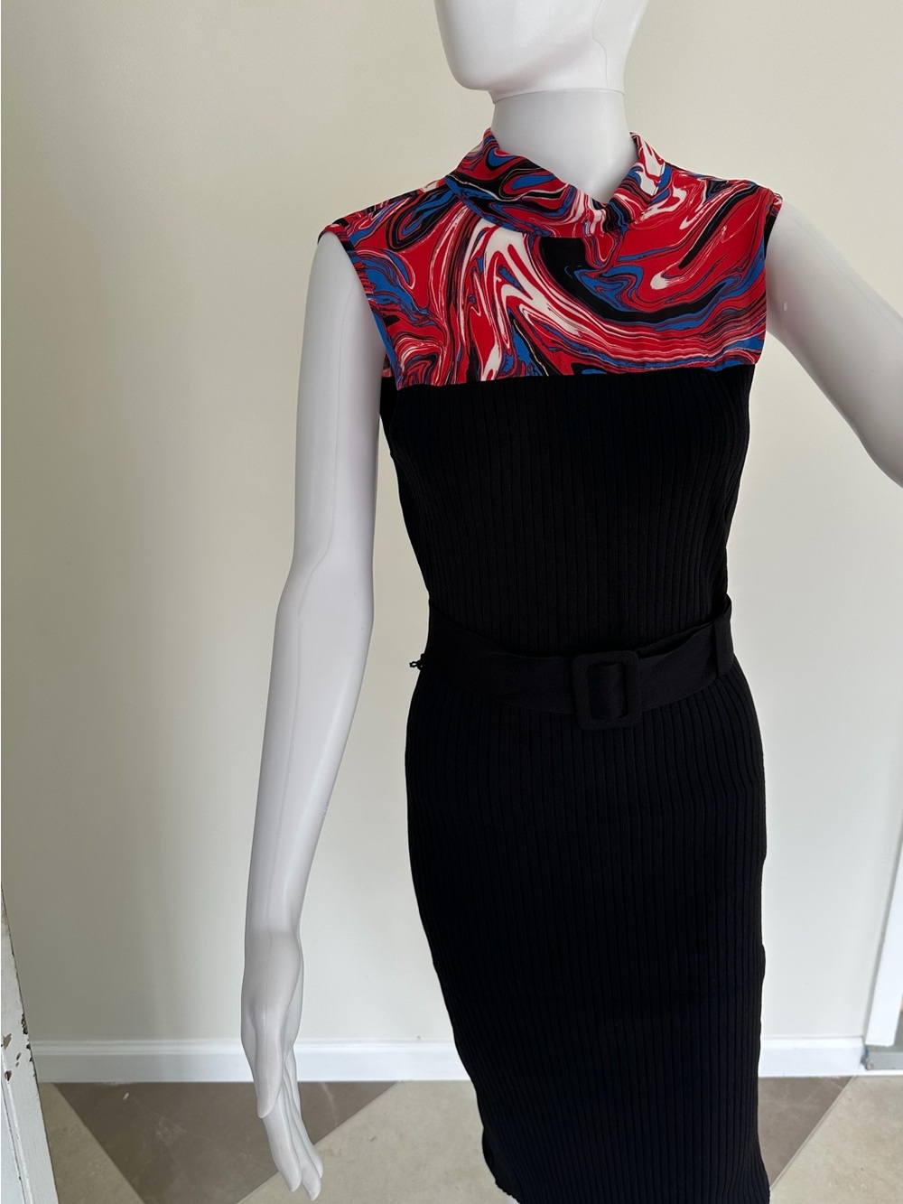 Sleeveless Black Maxi Dress with Red Marble Neck Panel